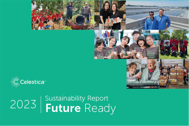 2023 Sustainability Report Cover Celestica Employees Smiling.&nbsp;