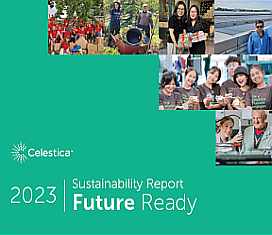 2023 Sustainability Report Cover Celestica Employees Smiling. 